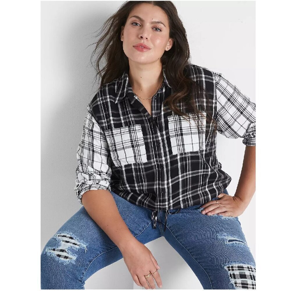 Lane Bryant Long-Sleeve Contrasting Plaid Crop Shirt Size 18 (=2X)